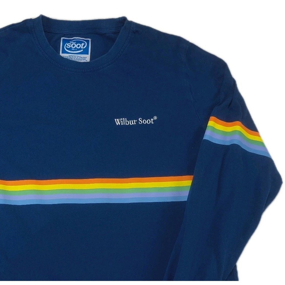 Wilbur‎ Soot Navy Blue Rainbow Stripe Long Sleeve T-Shirt Mens XL YouTuber Merch